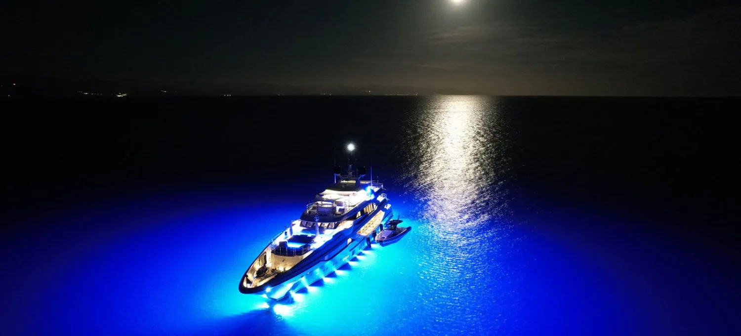 Benetti yacht at night with Lumishore underwater lighting