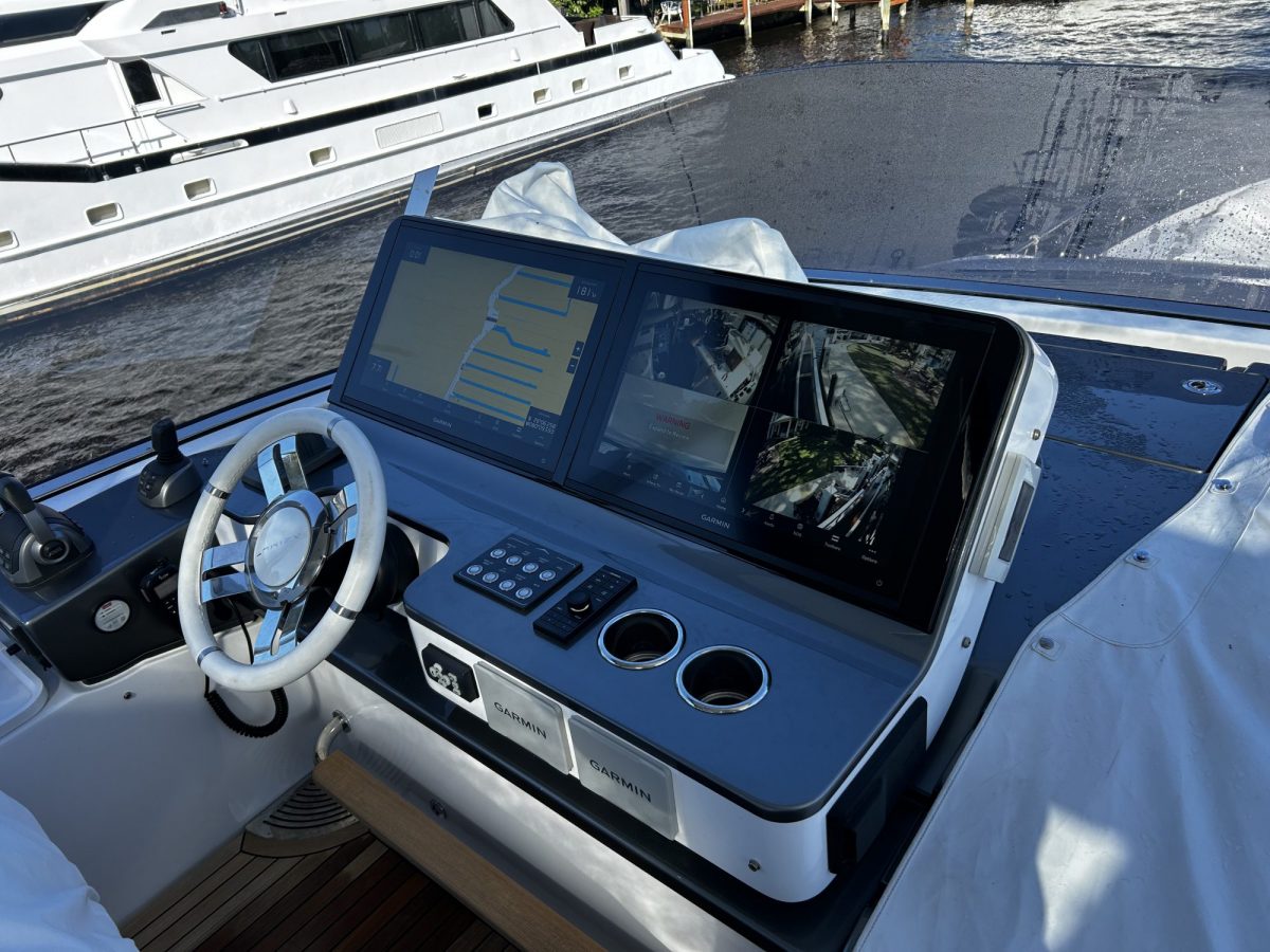 Modern vessel helm with a wide glass multifunction display