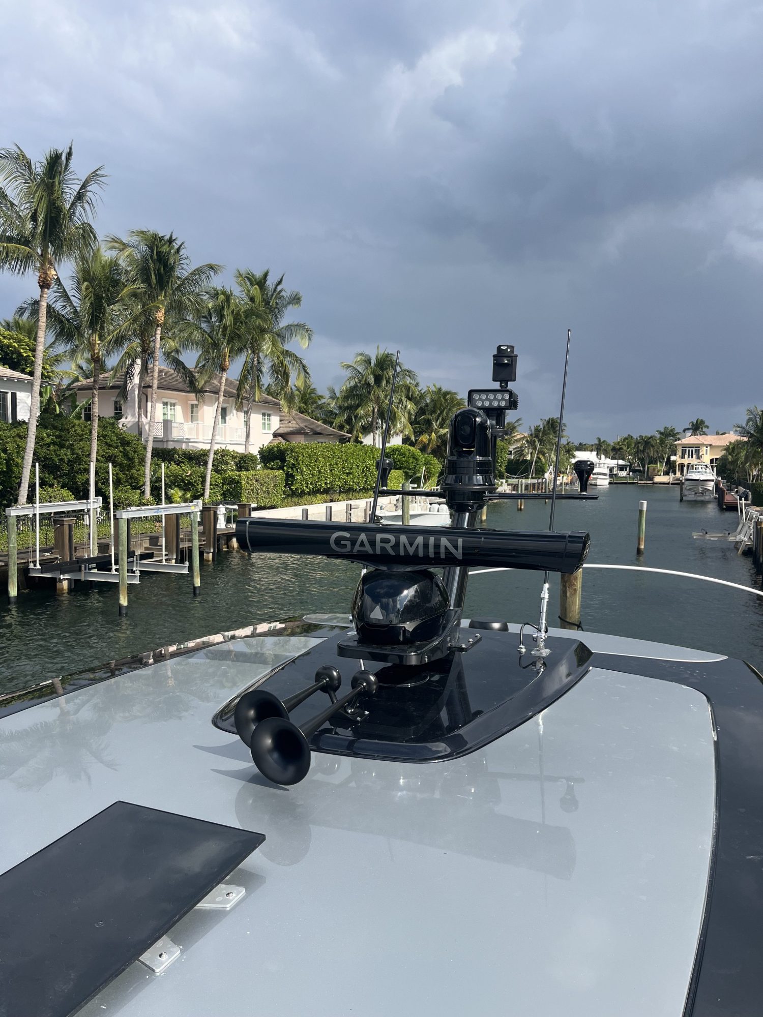 Garmin radar and sensor mast installed on a vessel at a dock