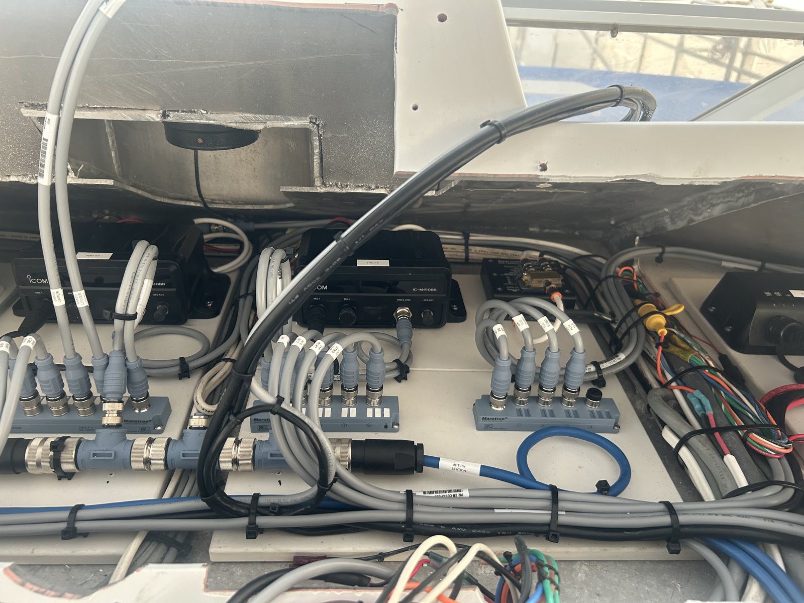 Equipment bay showing marine electronics wiring and distribution