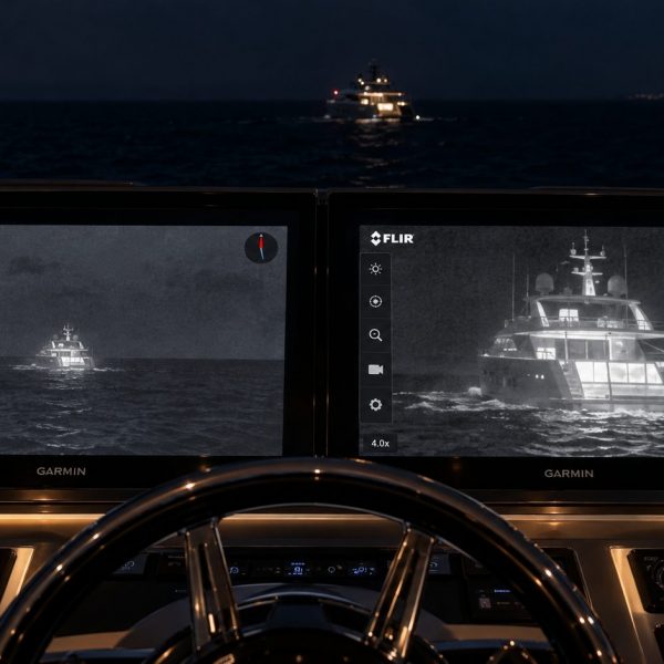 Thermal camera view of a motor yacht at night