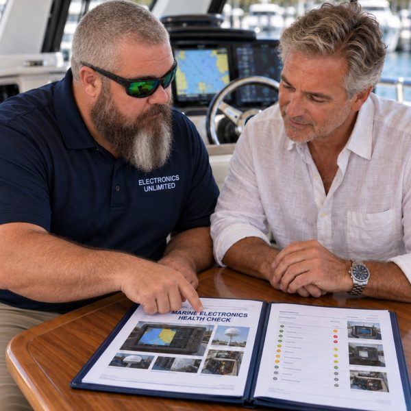 Electronics Unlimited technician reviewing the Health Check report with a boat owner