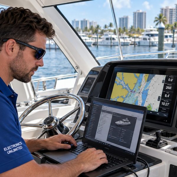 Electronics Unlimited technician running diagnostics from a laptop at a Garmin helm